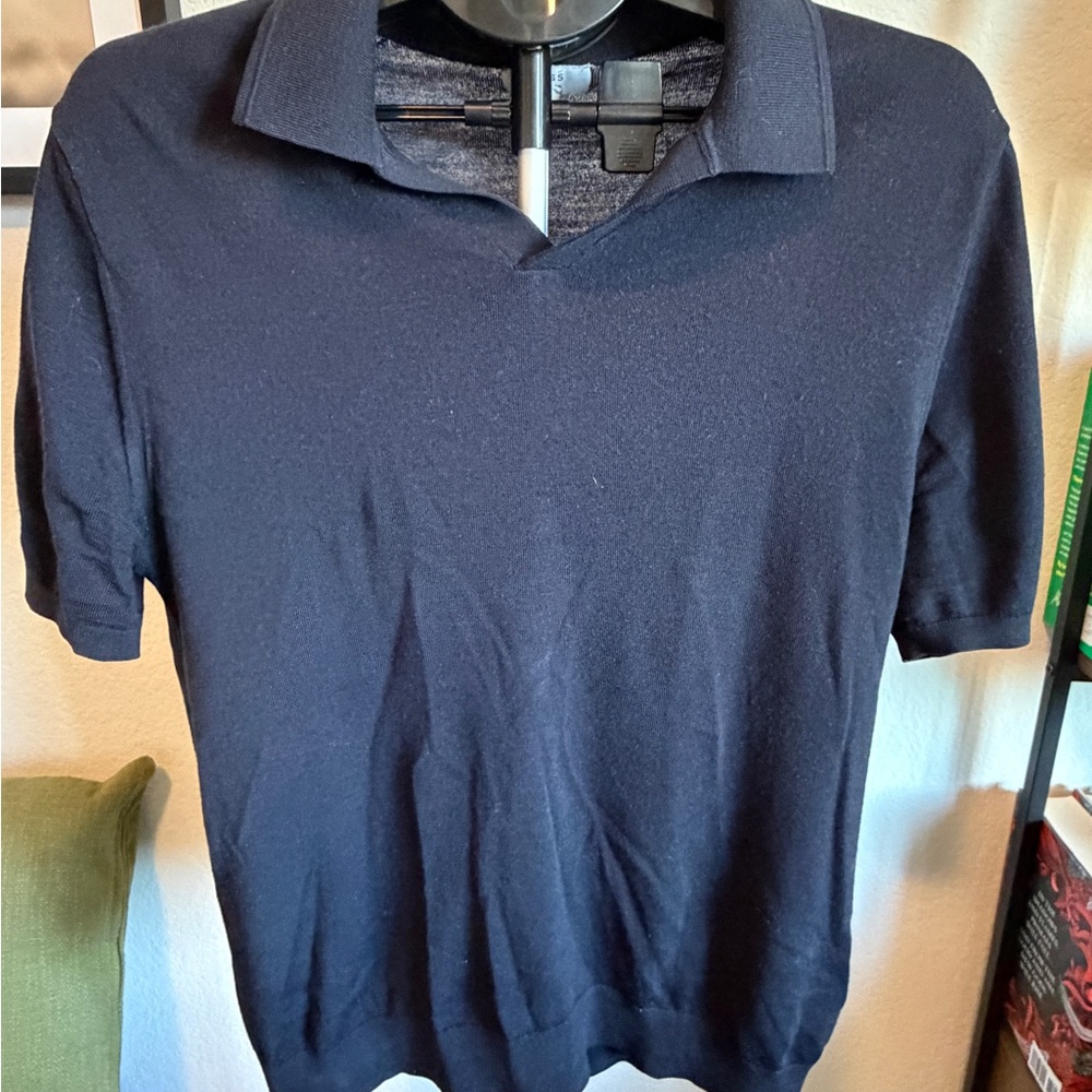 REISS Men’s 100% Merino Wool Polo Sweater – Black – XL – Short Sleeve Knit
